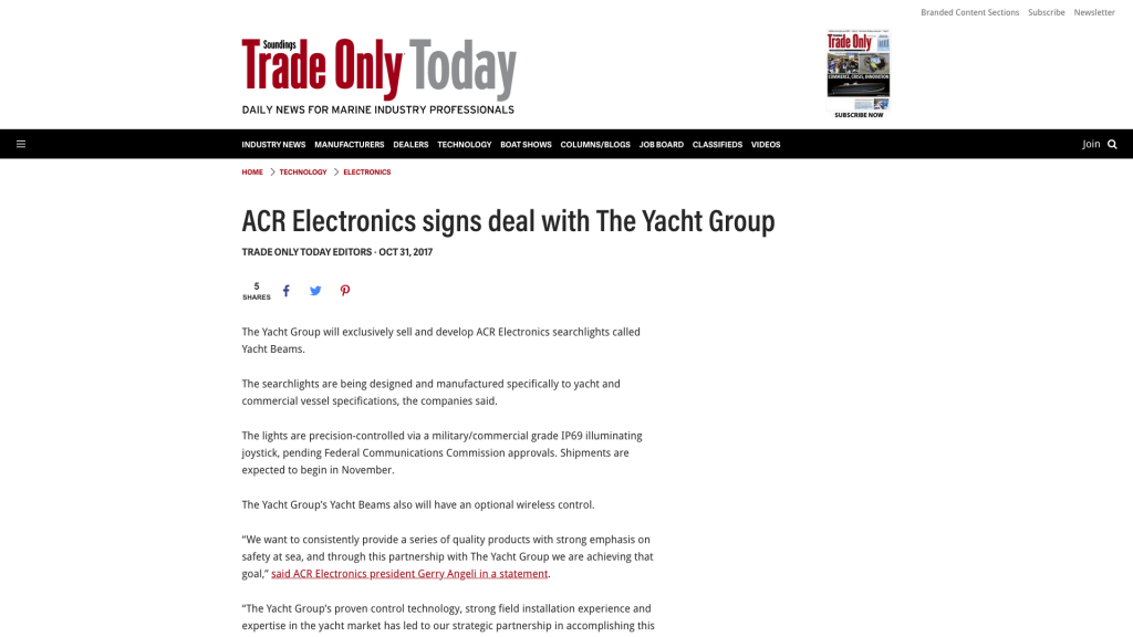 Yacht Beam Press Release on Sounding's Trade Only Today